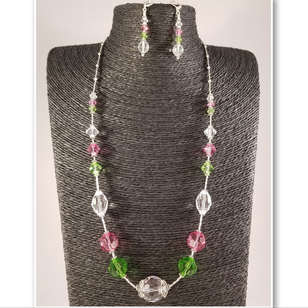***SOLD***Pink, Clear & Green Swarovski and Sterling Set - Picture 1 of 9